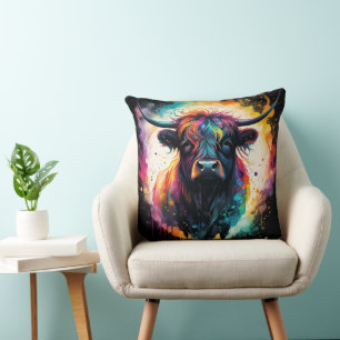 Ghostly Grace: Spectral Holographic Highland Cow, Throw Pillow