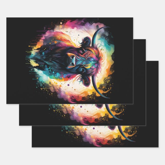 Ghostly Grace: Spectral Holographic Highland Cow, Wrapping Paper Sheets (Set)