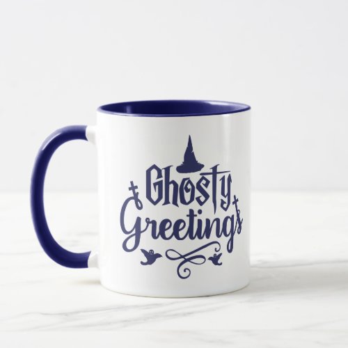 Ghostly Greetings Dark Blue and White Halloween Mug