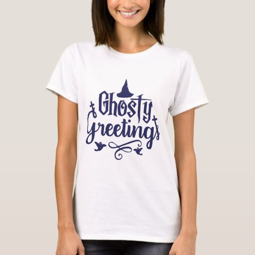 Ghostly Greetings Dark Blue and White Halloween T_Shirt