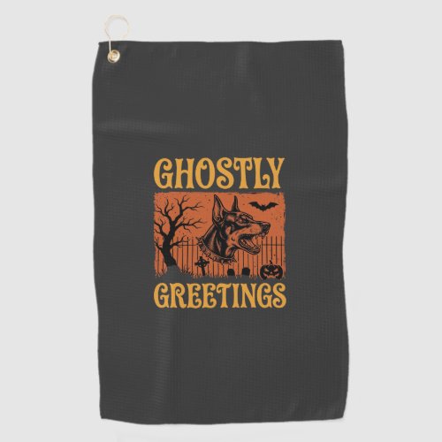 Ghostly Greetings Halloween Doberman Cemetery Desi Golf Towel