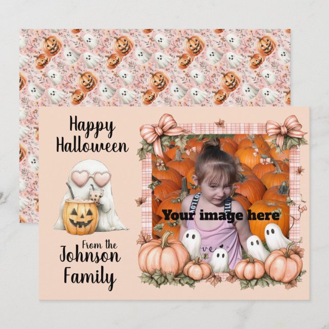 Ghostly Greetings in Pink Plaid Holiday Card (Front/Back)
