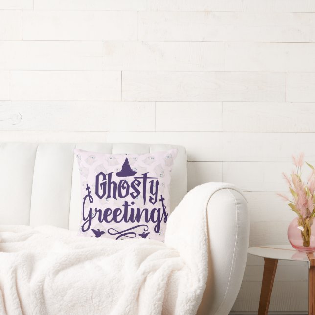 Ghostly Greetings Pale Pink Halloween Throw Pillow (Couch)