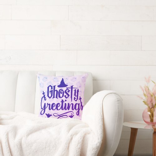 Ghostly Greetings Pale Purple Halloween Throw Pillow