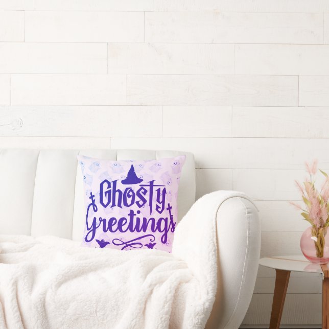 Ghostly Greetings Pale Purple Halloween Throw Pillow (Couch)
