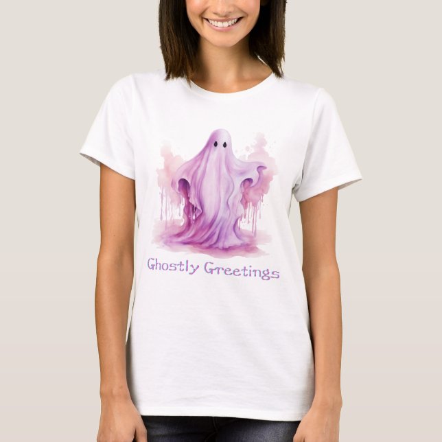 Ghostly Greetings Pink Ghost Halloween T-Shirt (Front)