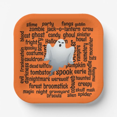 Ghostly Halloween Word Cloud Paper Plates