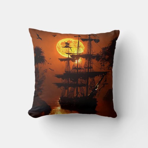 Ghostly Pirate Ship Pillow Throw Pillow