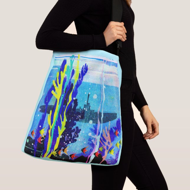 ghostly submarine in tropical waters print crossbody bag (Close Up)