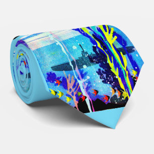 ghostly submarine in tropical waters print neck tie