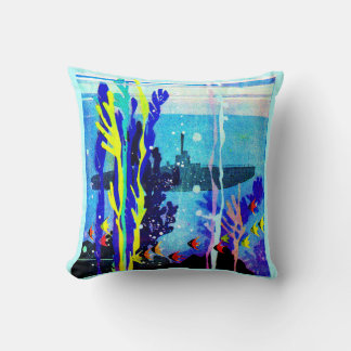ghostly submarine in tropical waters print throw pillow
