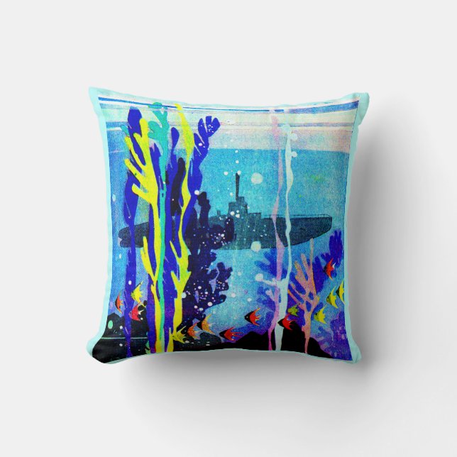 ghostly submarine in tropical waters print throw pillow (Front)