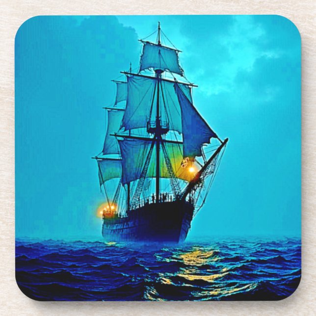 Ghostly Tall Ship Sea Voyage Design Beverage Coaster (Front)
