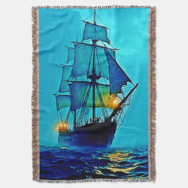 Ghostly Tall Ship Sea Voyage Design Throw Blanket (Front Vertical)