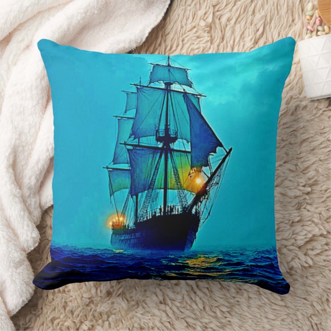 Ghostly Tall Ship Sea Voyage Design Throw Pillow (Blanket)