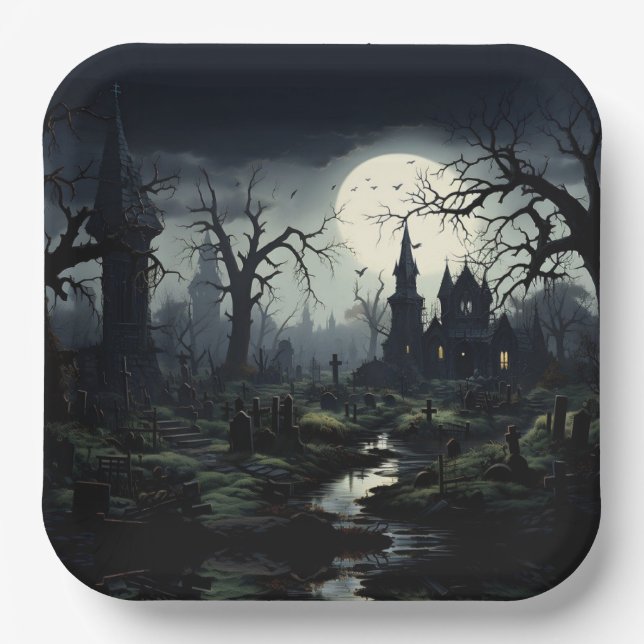 Ghostly Witches Manor Halloween Paper Plates (Front)