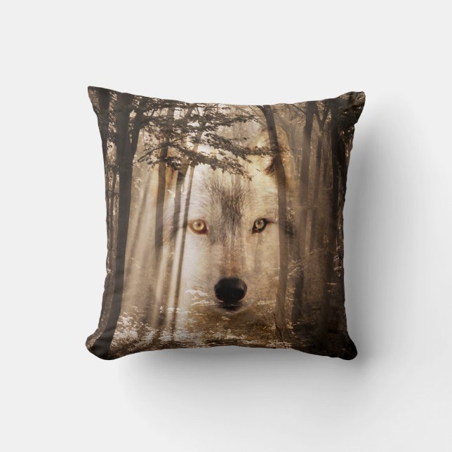 Ghostly wolf face in the woods throw pillow (Front)