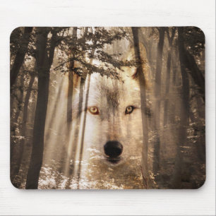 Ghostly wolf in the woods mouse pad