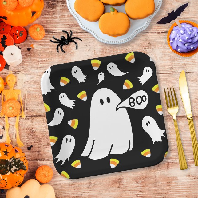 Ghosts and Candy Corn Paper Plates (Cute and whimsical, these paper plates are perfect for Halloween parties and fall gatherings!)