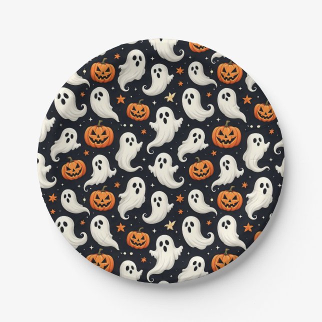 Ghosts and Jack o'Lanterns Halloween Paper Plates (Front)