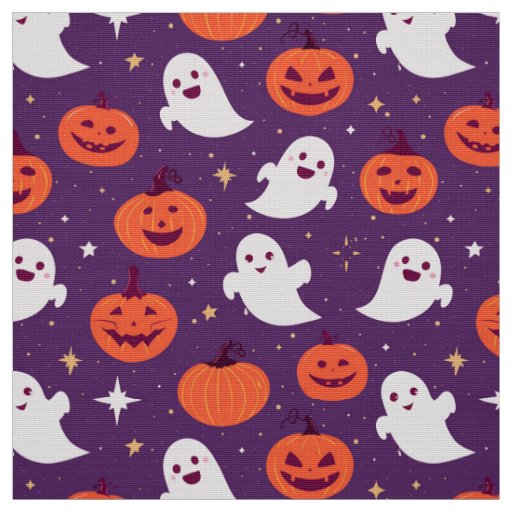 Ghosts and pumpkins on purple fabric