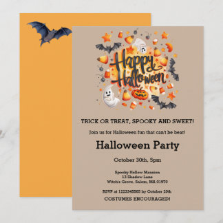 Ghosts Bats Candy Corn Halloween Pumpkin Party  Invitation