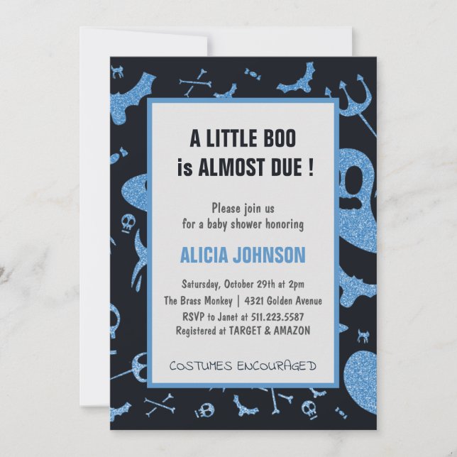 Ghosts Blue Glitter October Halloween Baby Shower Invitation (Front)