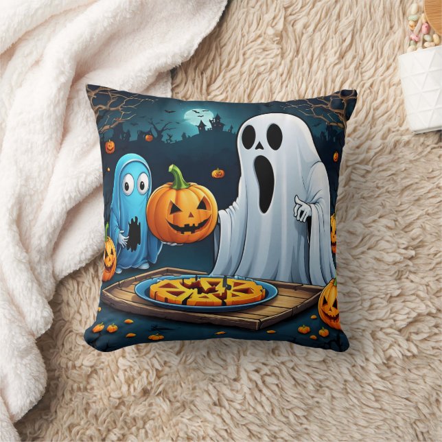 Ghosts carving pumpkins on Halloween Throw Pillow (Blanket)