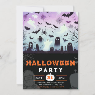 Ghosts Cemetery Bats Spiderwebs Creepy Halloween Invitation