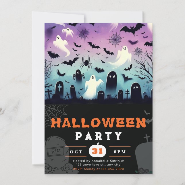 Ghosts Cemetery Bats Spiderwebs Creepy Halloween Invitation (Front)