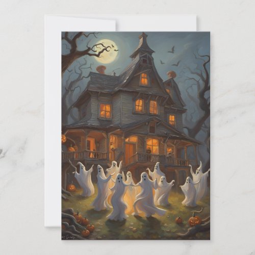 Ghosts Dance in Yard of Haunted House on Halloween Holiday Card