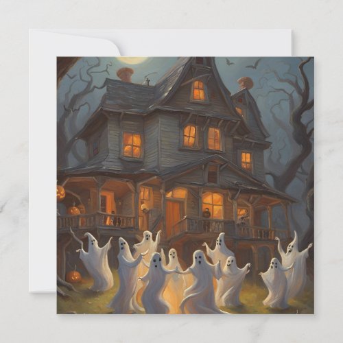 Ghosts Dance in Yard of Haunted House on Halloween Invitation