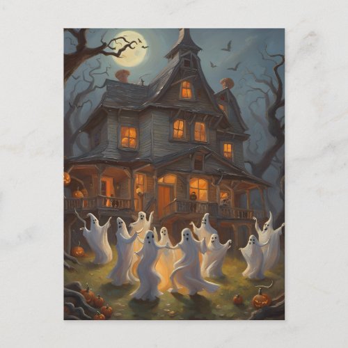 Ghosts Dance in Yard of Haunted House on Halloween Postcard