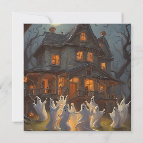 Ghosts Dance in Yard of Haunted House on Halloween Thank You Card