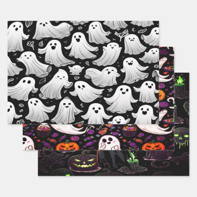 Ghosts Everywhere Spooky Fun Halloween Scene Wrapping Paper Sheets (Set)