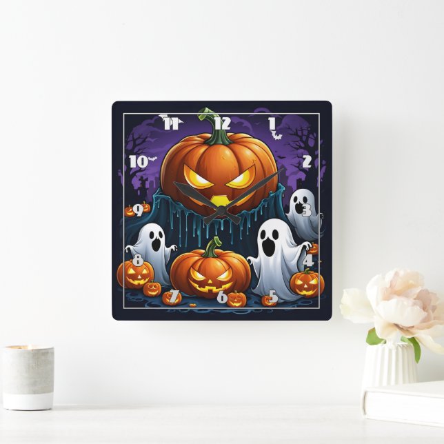 Ghosts gather by glowing pumpkins at night square wall clock (Home)