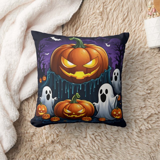 Ghosts gather by glowing pumpkins at night throw pillow (Blanket)