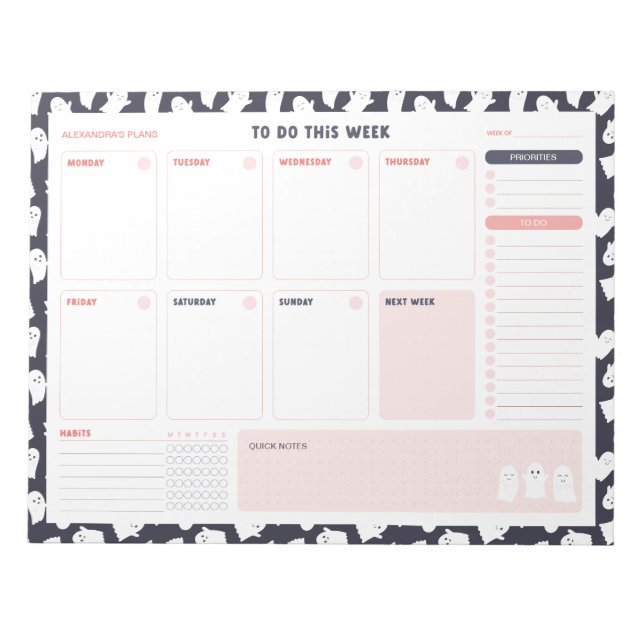 Ghosts Halloween Weekly To Do List Planner Notepad (Front)