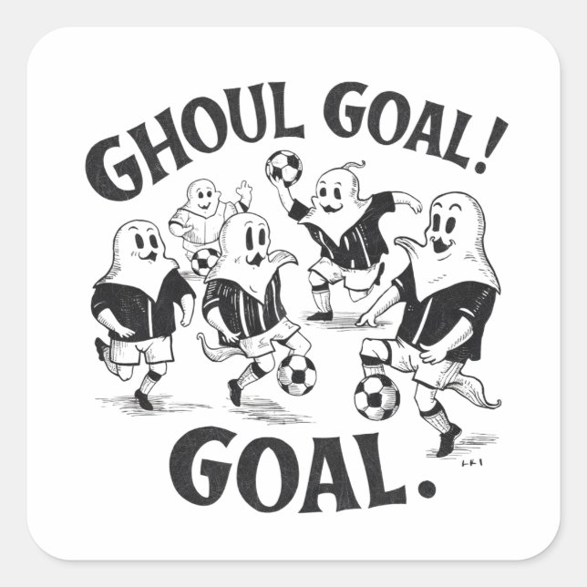 Ghosts playing a game of soccer square sticker (Front)