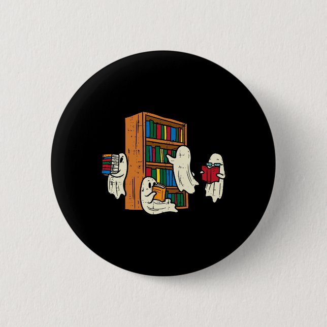 Ghosts Reading Books Teacher Halloween Librarian B Button (Front)