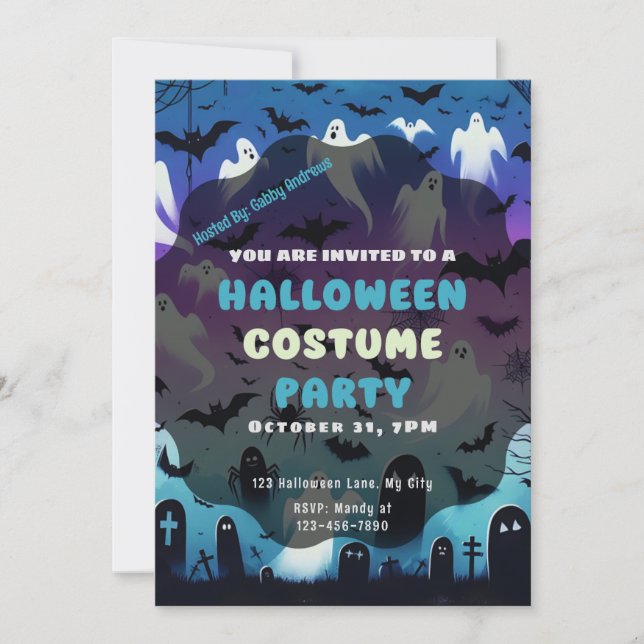 Ghosts Spiderwebs Graves Purple Blue Halloween Invitation (Front)