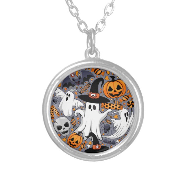Ghosts Spooky and Creepy Cute Monsters Silver Plated Necklace (Front)