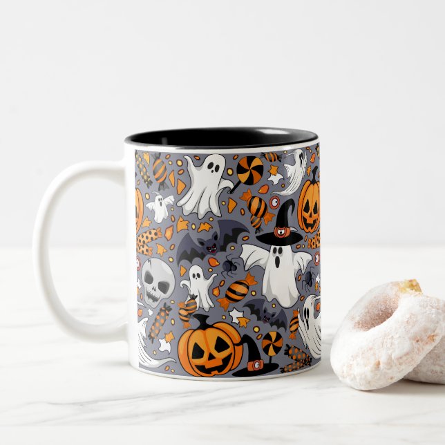 Ghosts Spooky and Creepy Cute Monsters Two-Tone Coffee Mug (With Donut)