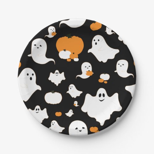Ghosts Storing Pumpkins Pattern  Halloween Paper Plates