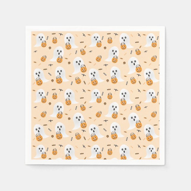 Ghosts Trick Or Treating Pumpkin Candy Bucket Napkins (Front)