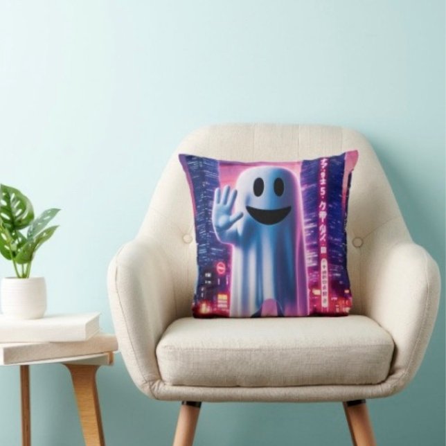 Ghosty Wave & Urban Lights  Throw Pillow (Throw Pillow 100% polyester heavyweight stretch material. Hidden zipper Made in the USA.
)