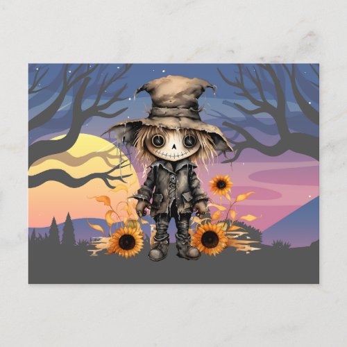 Ghoul Full Moon Sunset Sunflowers Halloween Holiday Postcard