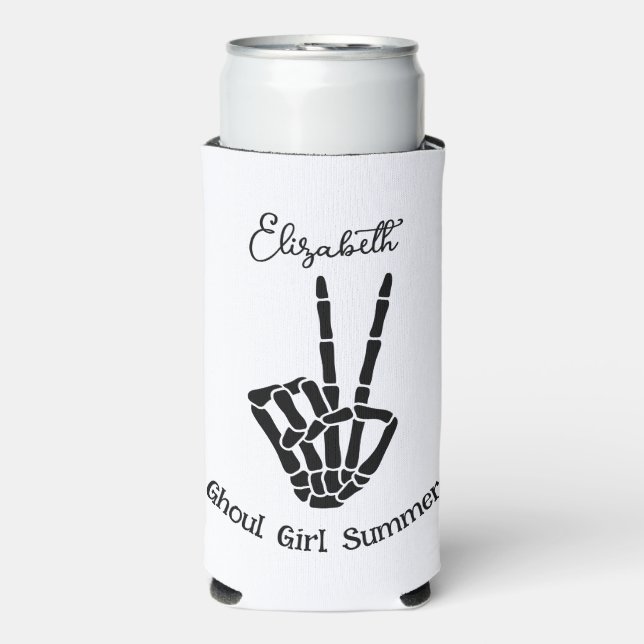 Ghoul Girl Summer Skeleton Peace Sign Personalized Seltzer Can Cooler (Seltzer Front)