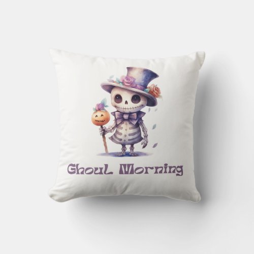 Ghoul Morning Super Cute White Halloween Throw Pillow