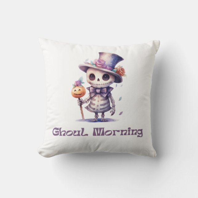 Ghoul Morning Super Cute White Halloween Throw Pillow (Front)